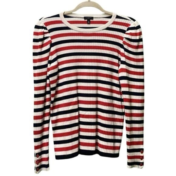 Talbots Long Puff Sleeve Red/White/Blue Striped Viscose Blend Sweater Size S/P - Picture 3 of 5
